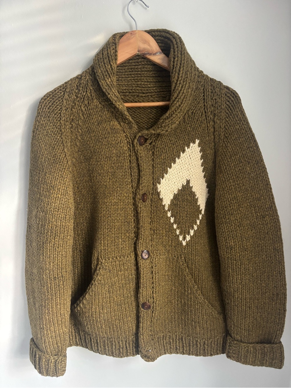 Vintage Mary Maxim Wool Cable Knit Collar Cardigan - Olive Green Medium Large